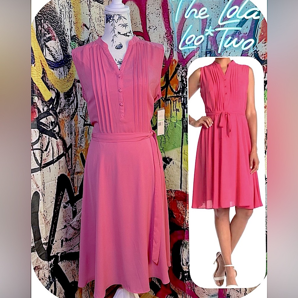 NWT Nanette Lepore Sleeveless Pin-tuck Tie Waist Dress & Slip Mademoiselle Pink